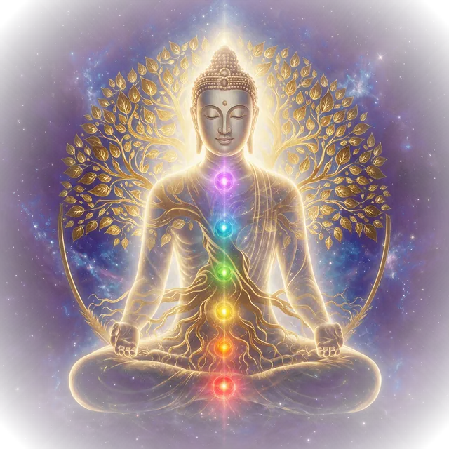 The Buddha seated beneath the Bodhi tree, its roots and branches becoming his body, the seven chakras lit along the central channel.
