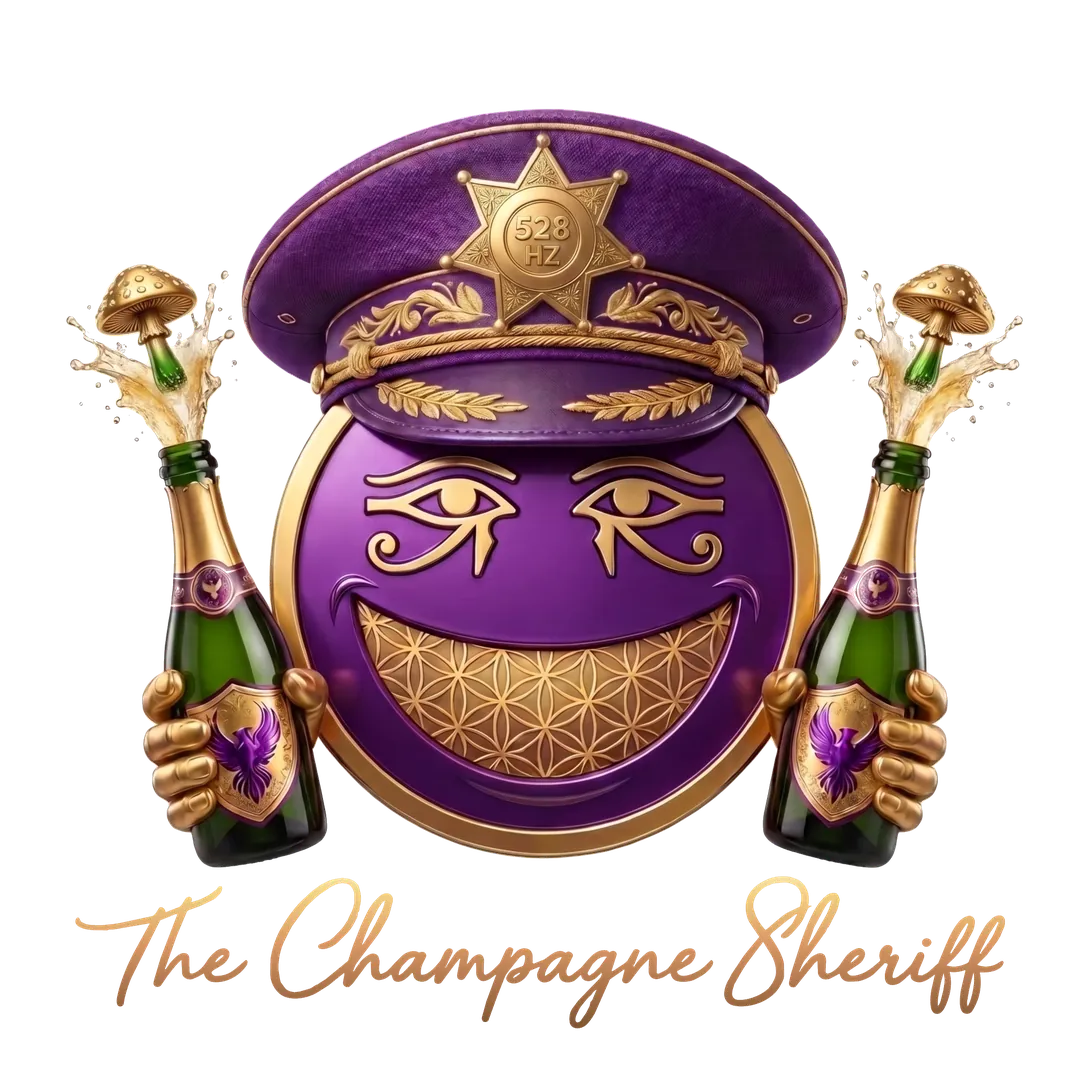 The Champagne Sheriff full stamp — the 528 Hz badge set in the hat, two bottles pouring gold, the Flower of Life across the grin.