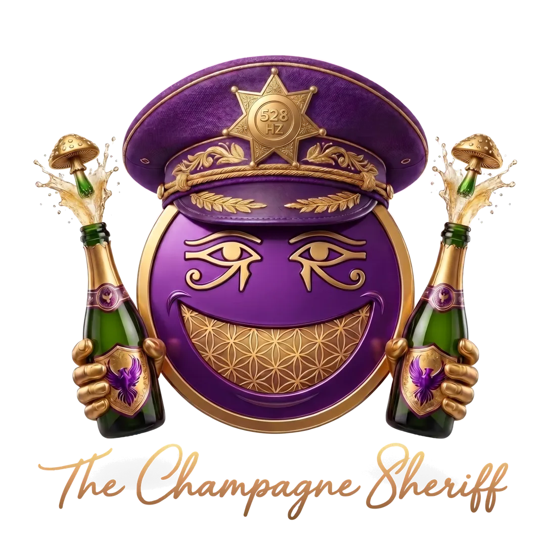 The Champagne Sheriff full stamp — the 528 Hz badge set in the hat, two bottles pouring gold, the Flower of Life across the grin.