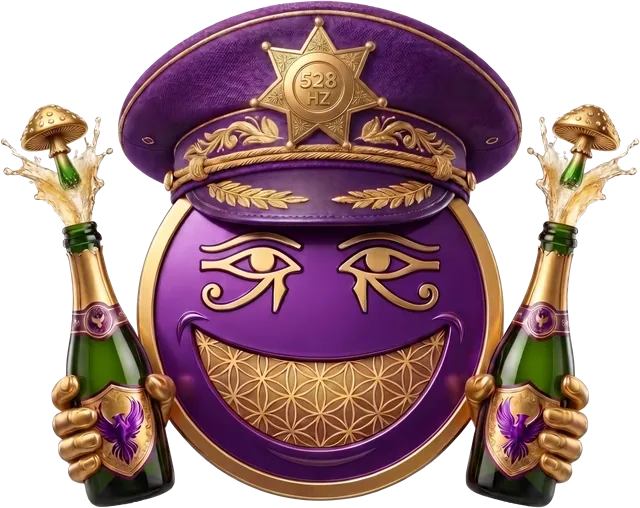 The Sheriff — one eye Horus, one eye Ra, the Flower of Life across the grin, the 528 Hz badge on the hat.