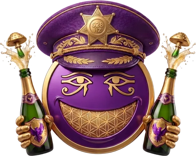 The Sheriff — one eye Horus, one eye Ra, the Flower of Life across the grin, the 528 Hz badge on the hat.