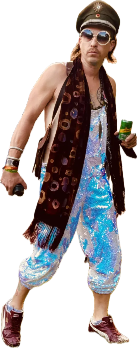The Champagne Sheriff striding out of the portal — captain's cap, mirrored rounds, sequinned trousers, a can in hand.
