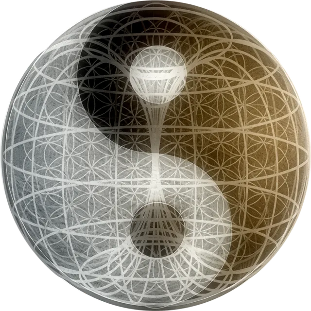 The Helix sphere — the two halves of the strand held in one turning globe, the Flower of Life drawn across it.